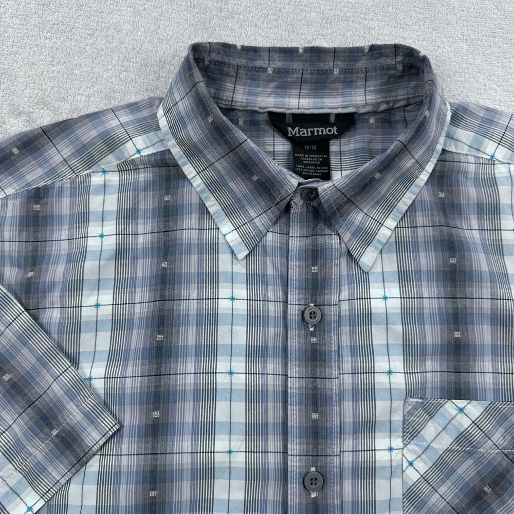 Marmot Button Down Shirt Mens Medium Grey Plaid Short Sleeve Hiking Outdoors